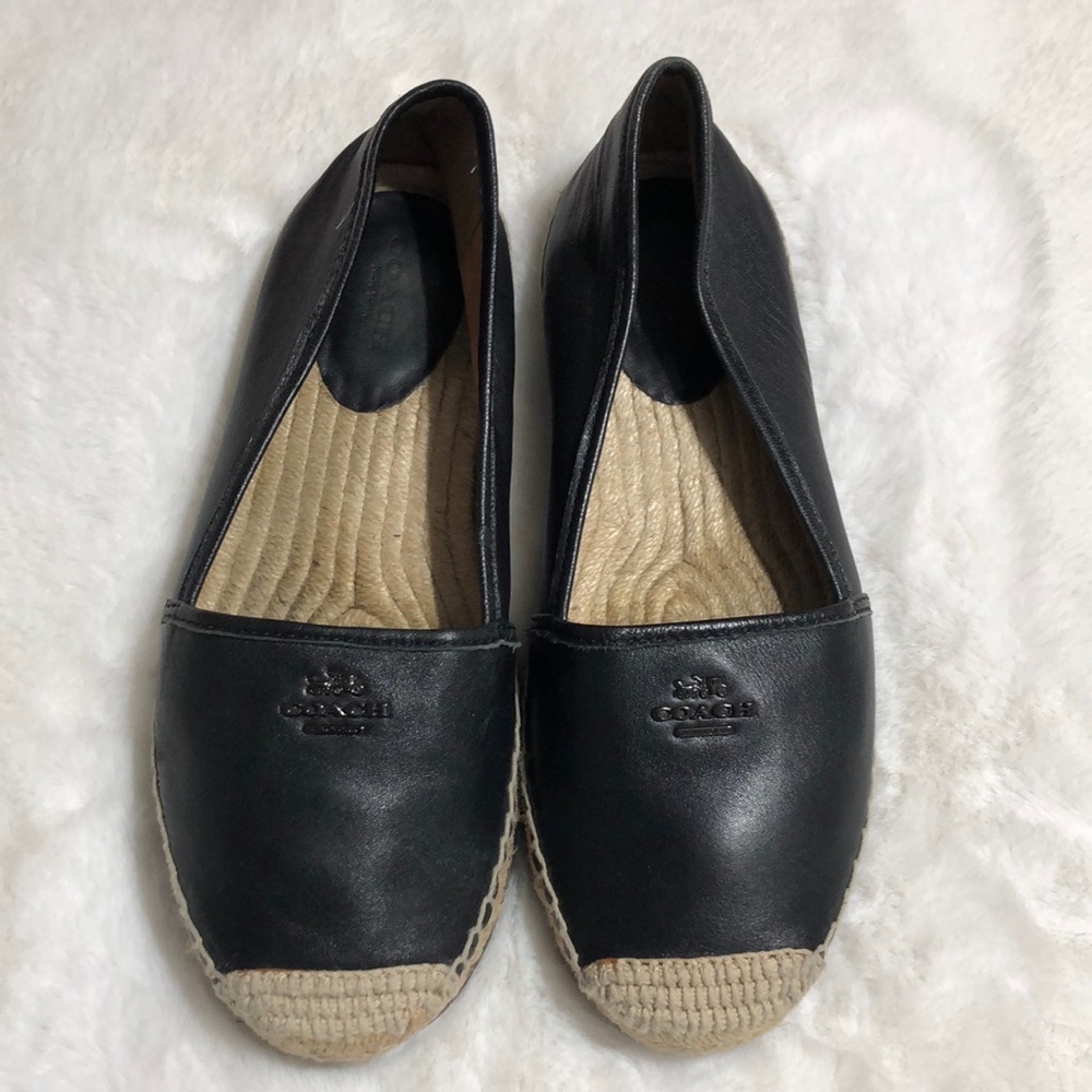 COACH WOMENS BLACK LEATHER ESPADRILLES SLIP ON FLATS SZ 8.5